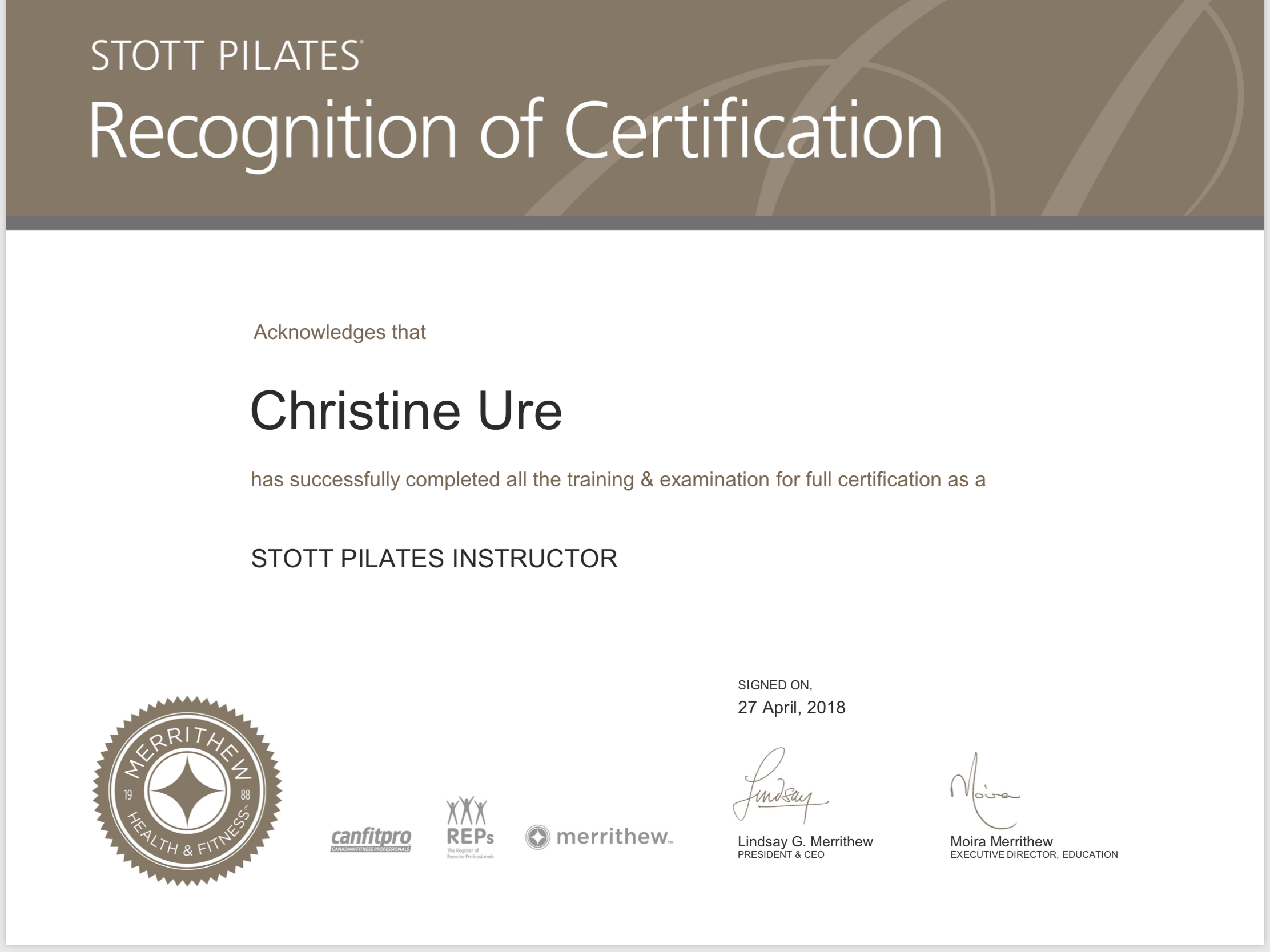 Fully Certified Stott Pilates Instructor